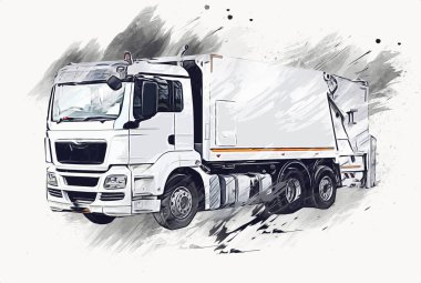 Çöp tenekesi kollu çöp kamyonu. Yatay olarak. Resim çizimi çizimi