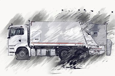 Çöp tenekesi kollu çöp kamyonu. Yatay olarak. Resim çizimi çizimi