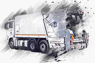 Çöp tenekesi kollu çöp kamyonu. Yatay olarak. Resim çizimi çizimi