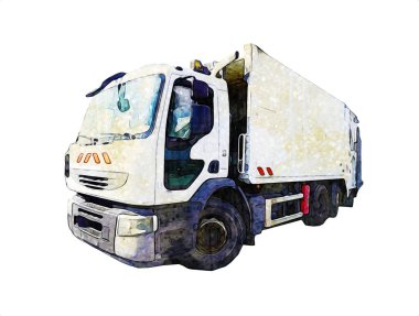 Çöp tenekesi kollu çöp kamyonu. Yatay olarak. Resim çizimi çizimi