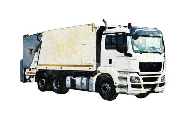 Çöp tenekesi kollu çöp kamyonu. Yatay olarak. Resim çizimi çizimi