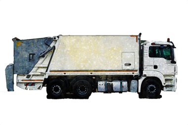 Çöp tenekesi kollu çöp kamyonu. Yatay olarak. Resim çizimi çizimi