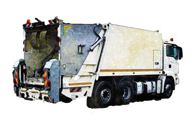 Çöp tenekesi kollu çöp kamyonu. Yatay olarak. Resim çizimi çizimi
