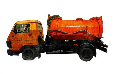 Çöp tenekesi kollu çöp kamyonu. Yatay olarak. Resim çizimi çizimi