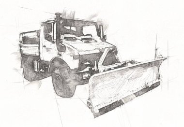 Çöp tenekesi kollu çöp kamyonu. Yatay olarak. Resim çizimi çizimi