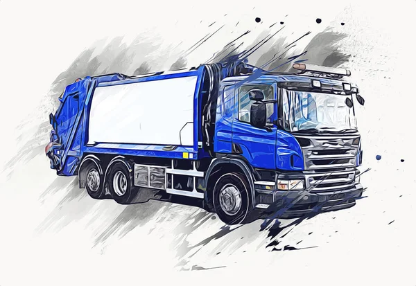 Garbage truck with trash can lift arm. Horizontal. Art illustration drawing sketch