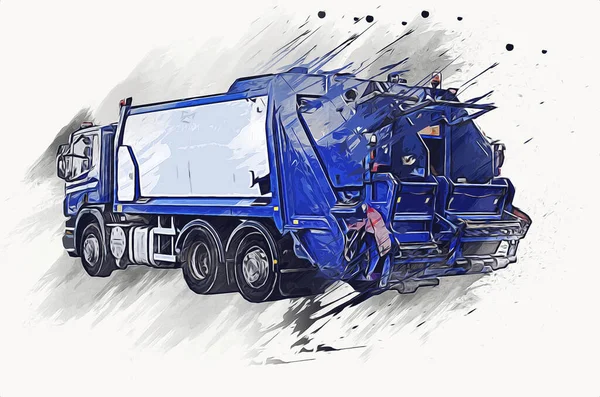 Vuilniswagen Met Vuilnisbak Horizontaal Art Illustratie Tekening Schets — Stockfoto