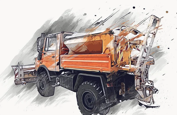 Vuilniswagen Met Vuilnisbak Horizontaal Art Illustratie Tekening Schets — Stockfoto