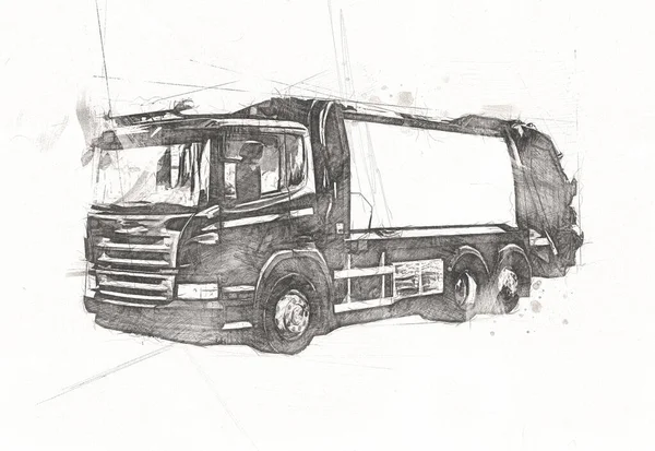 Søppelbil Med Søppelbøtte Løfter Armen Horisontalt Tegningstegning – stockfoto