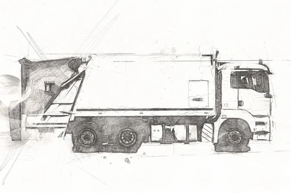 Vuilniswagen Met Vuilnisbak Horizontaal Art Illustratie Tekening Schets — Stockfoto