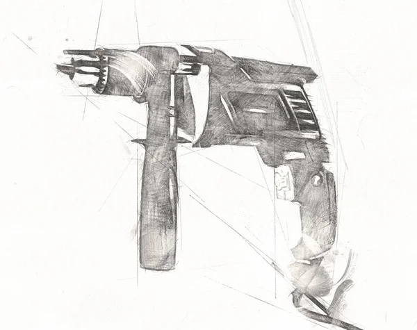 Taladro Inalámbrico Con Broca Taladro Que Funciona También Como Dibujo — Foto de Stock