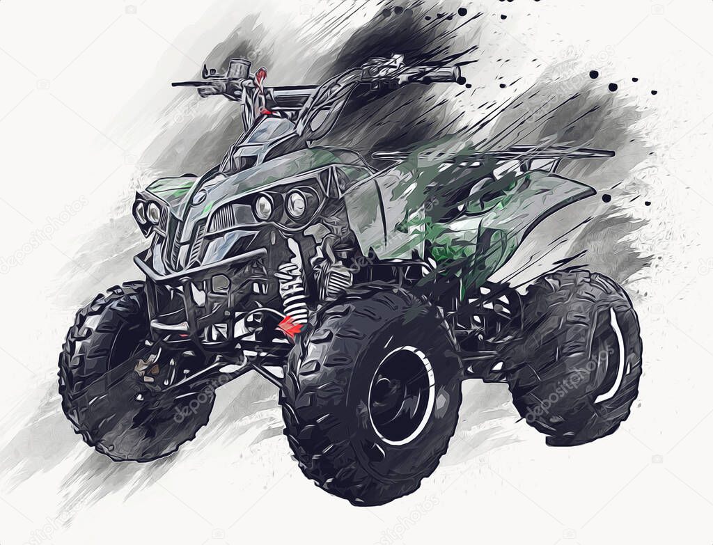 ATV Quad bike, All-Terrain vehicle, with clipping path art illustration drawing sketch vintage