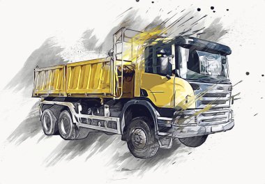 Sarı damperli kamyon çizimi eskiz çizimi antika antika