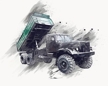 Sarı damperli kamyon çizimi eskiz çizimi antika antika