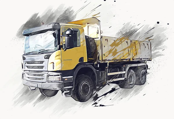 Gele Dump Truck Illustratie Kunst Tekening Schets Retro Antiek Vintage — Stockfoto