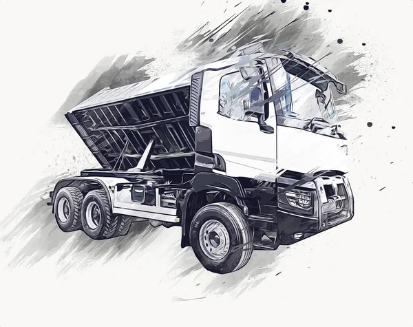 Gele Dump Truck Illustratie Kunst Tekening Schets Retro Antiek Vintage — Stockfoto