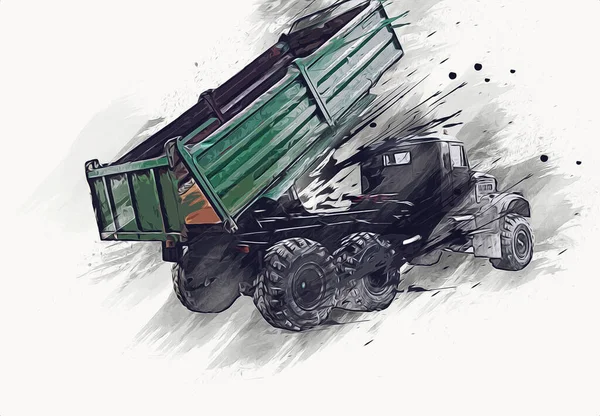 Gele Dump Truck Illustratie Kunst Tekening Schets Retro Antiek Vintage — Stockfoto