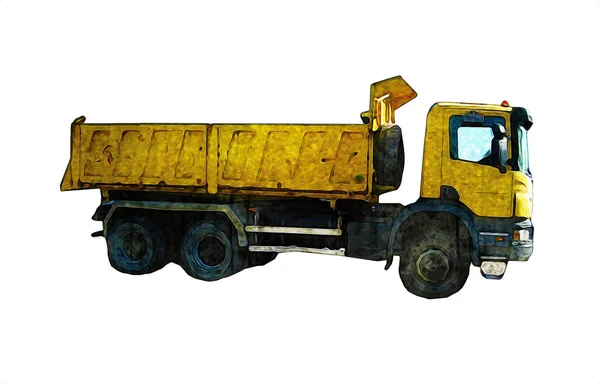 Gele Dump Truck Illustratie Kunst Tekening Schets Retro Antiek Vintage — Stockfoto