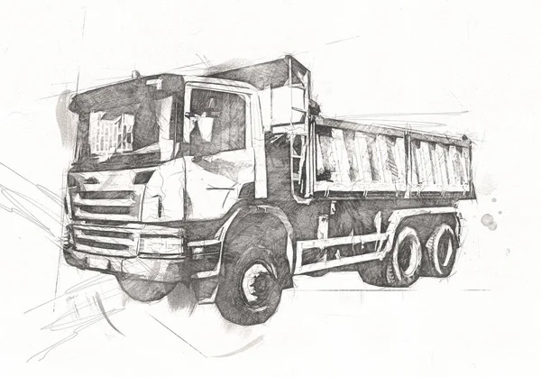 Amarelo Caminhão Descarga Ilustração Arte Desenho Esboço Retro Antiguidade Vintage — Fotografia de Stock