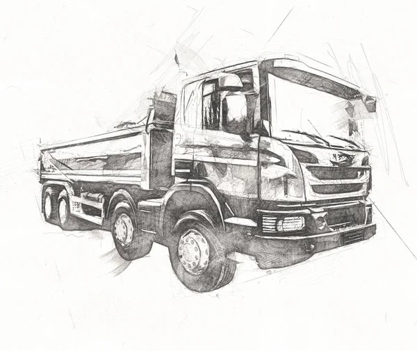 Gele Dump Truck Illustratie Kunst Tekening Schets Retro Antiek Vintage — Stockfoto