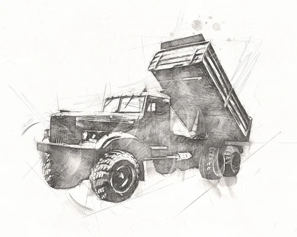 Gele Dump Truck Illustratie Kunst Tekening Schets Retro Antiek Vintage — Stockfoto