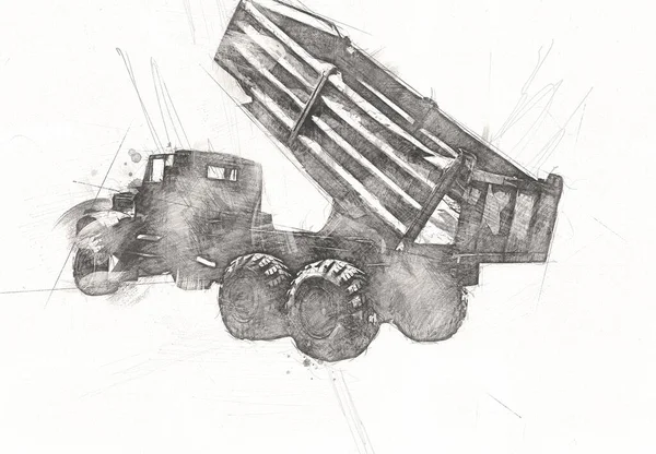 黄色垃圾车画图艺术草图复古古时代 — 图库照片
