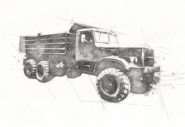 Sárga Dump Teherautó Illusztráció Rajz Vázlat Retro Antik Évjárat — Stock Fotó