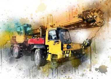 Gezici vinç yükselişte açık hava kamyon vintage çizim çizimi