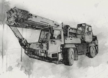 Gezici vinç yükselişte açık hava kamyon vintage çizim çizimi