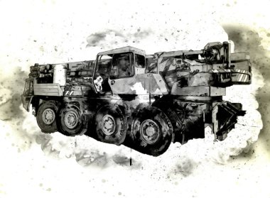 Gezici vinç yükselişte açık hava kamyon vintage çizim çizimi