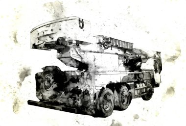 Gezici vinç yükselişte açık hava kamyon vintage çizim çizimi