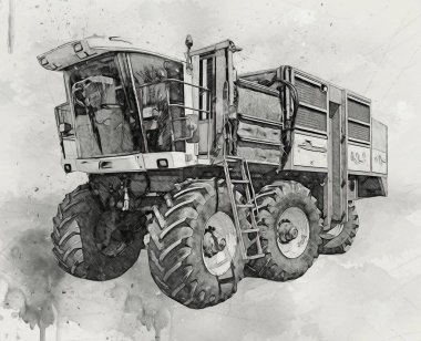 Modern tarımsal birleşim beyaz arka planda izole edilmiş eskiz eskizi antika