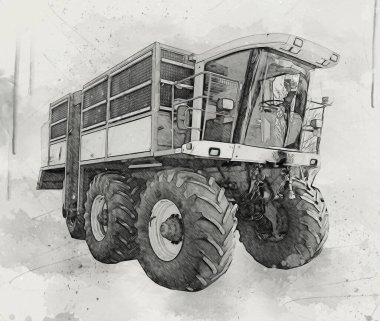 Modern tarımsal birleşim beyaz arka planda izole edilmiş eskiz eskizi antika