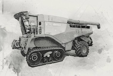 Modern tarımsal birleşim beyaz arka planda izole edilmiş eskiz eskizi antika