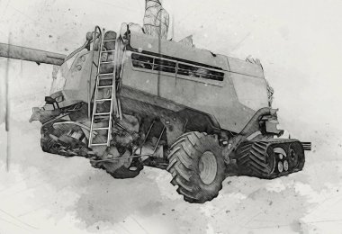 Modern tarımsal birleşim beyaz arka planda izole edilmiş eskiz eskizi antika