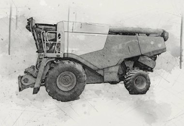 Modern tarımsal birleşim beyaz arka planda izole edilmiş eskiz eskizi antika