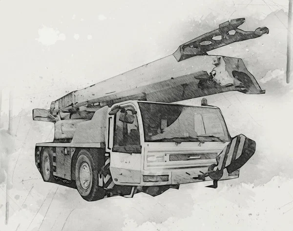 Mobile Crane Risen Boom Outdoors Truck Vintage Drawing Sketch — Stock Photo, Image