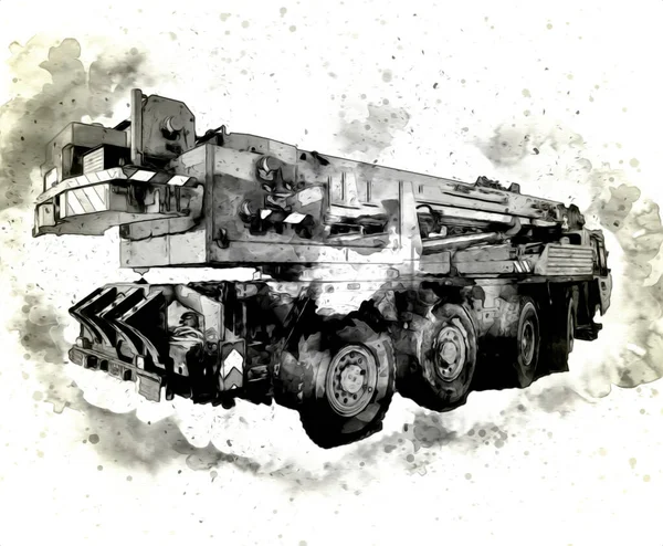 Grue Mobile Avec Flèche Relevée Plein Air Camion Dessin Vintage — Photo