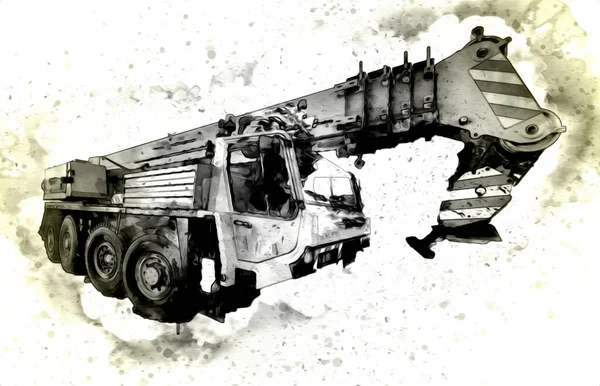 上昇ブーム屋外トラックヴィンテージ図面スケッチと移動式クレーン — ストック写真