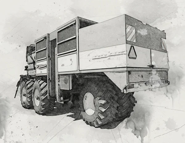 Modern Agricultural Combine Isolated White Background Drawing Sketch Retro Antique — Stock Photo, Image