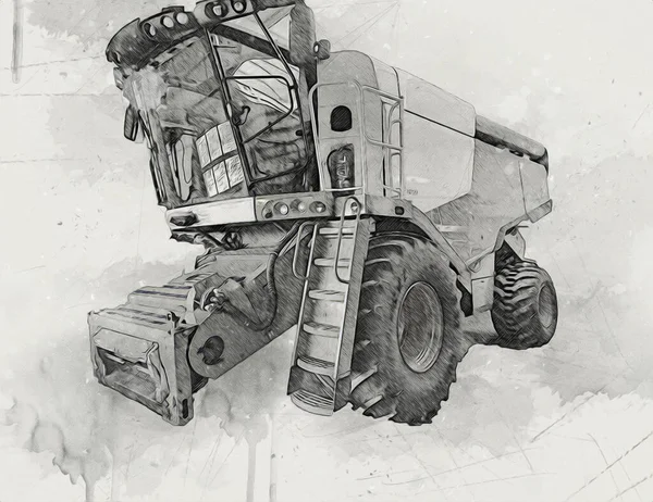 Modern Agricultural Combine Isolated White Background Drawing Sketch Retro Antique — Stock Photo, Image