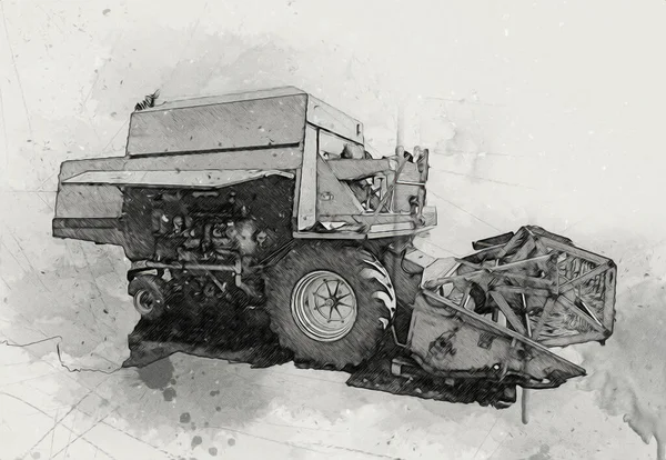 Modern Agricultural Combine Isolated White Background Drawing Sketch Retro Antique — Stock Photo, Image