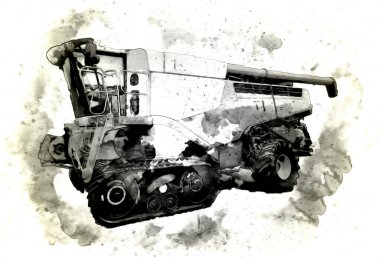 Modern tarımsal birleşim beyaz arka planda izole edilmiş eskiz eskizi antika