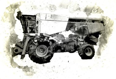 Modern tarımsal birleşim beyaz arka planda izole edilmiş eskiz eskizi antika