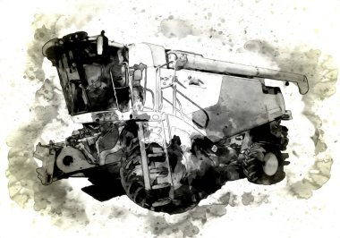 Modern tarımsal birleşim beyaz arka planda izole edilmiş eskiz eskizi antika