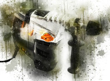 Ağır sarı siyah çekiç matkap matkap elle delme aleti beyaz arka planda izole edilmiş. İnşaat sektörü araçları kavramı