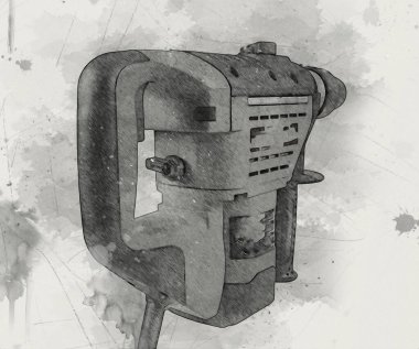 Ağır sarı siyah çekiç matkap matkap elle delme aleti beyaz arka planda izole edilmiş. İnşaat sektörü araçları kavramı