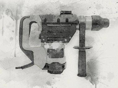 Ağır sarı siyah çekiç matkap matkap elle delme aleti beyaz arka planda izole edilmiş. İnşaat sektörü araçları kavramı