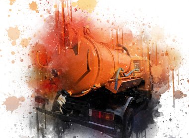 Çöp tenekesi kollu çöp kamyonu. Yatay olarak. Resim çizimi çizimi