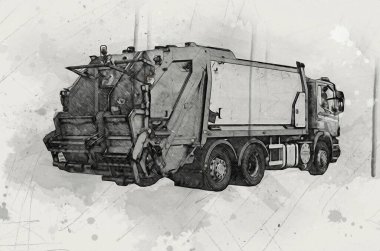 Çöp tenekesi kollu çöp kamyonu. Yatay olarak. Resim çizimi çizimi